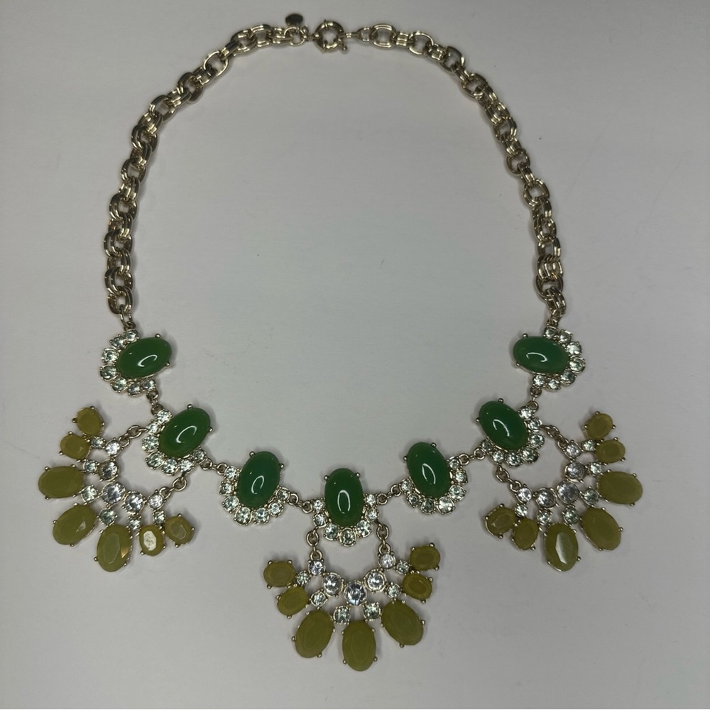 J. Crew Green Faux Jade and Rhinestone Gold Tone Statement Necklace
